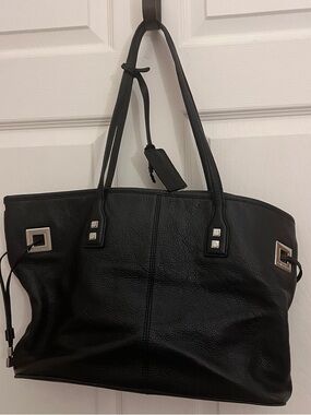 CALVIN KLEIN Black Pebble Grain Leather Bag Tote Side Ties Tassels Double Handle